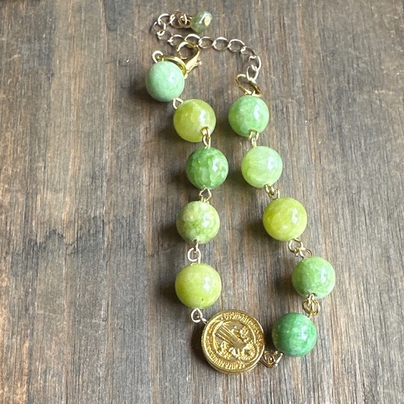 Imperial jade saint Benedict beaded bracelet handmade rosary link adjustable - Picture 3 of 12